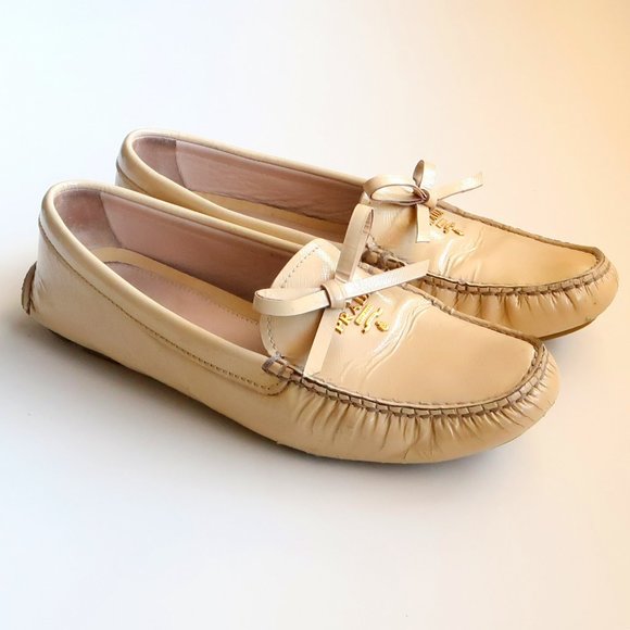 AUTHENTIC Prada Cream Leather Bow Detail Driving Loafers / Flat Slip On Shoes 7 - Picture 11 of 16